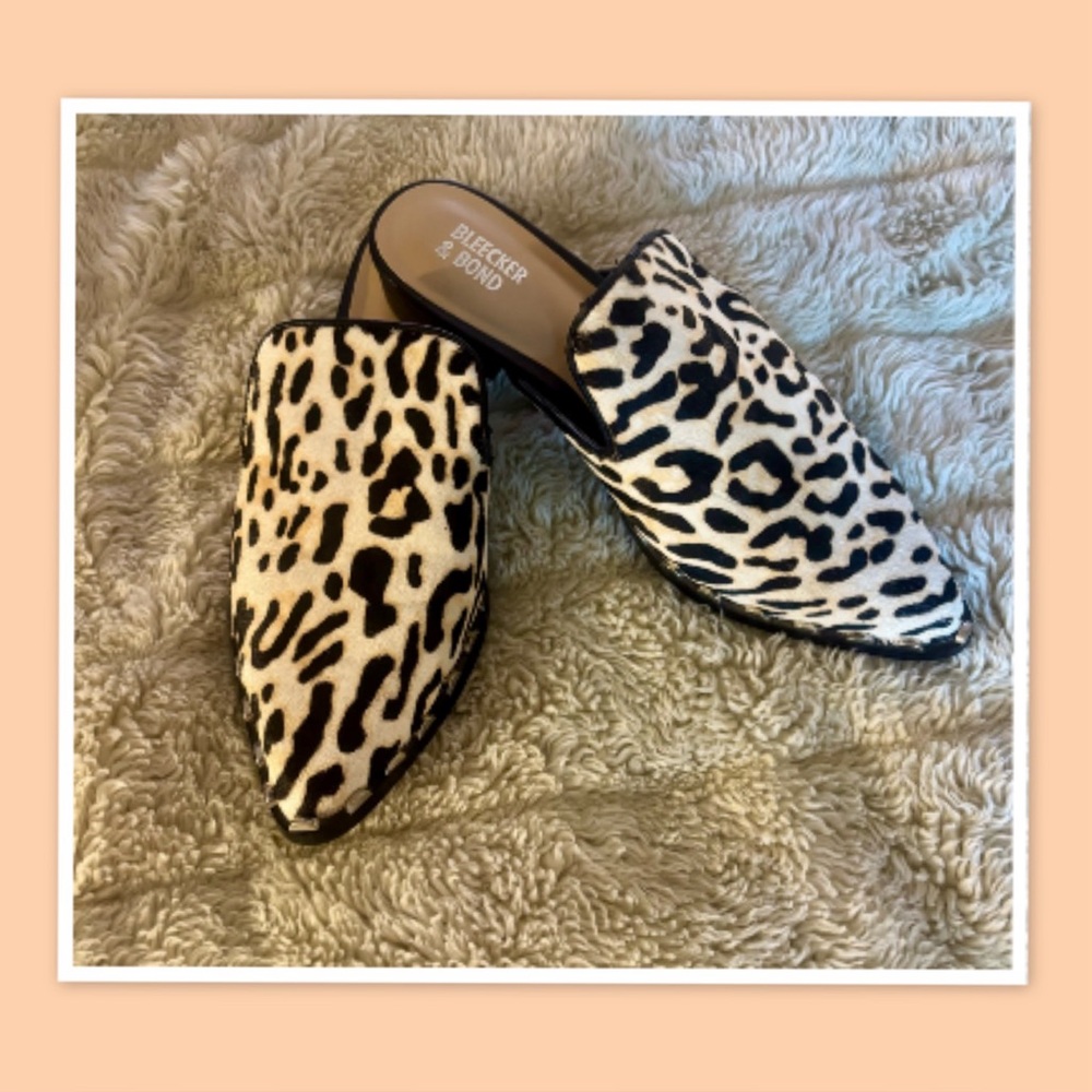 BLEECKER & BOND Leopard CALF HAIR MULES - SIZE 7